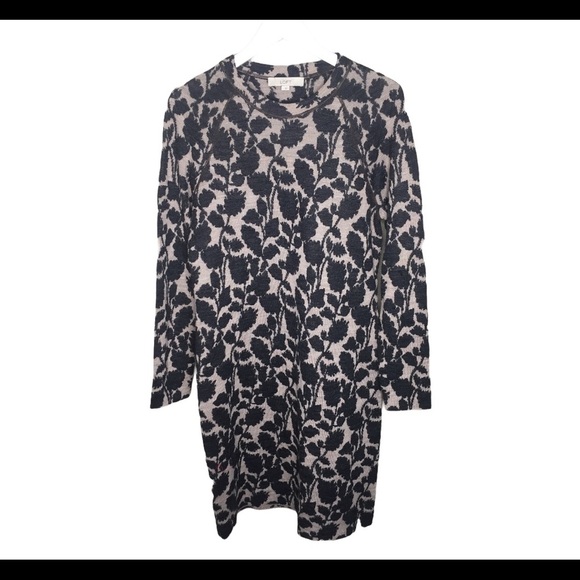 ANN TAYLOR LOFT Knit Dress With Floral Print & Long Sleeves Taupe/Beige Sz Large - Picture 3 of 7
